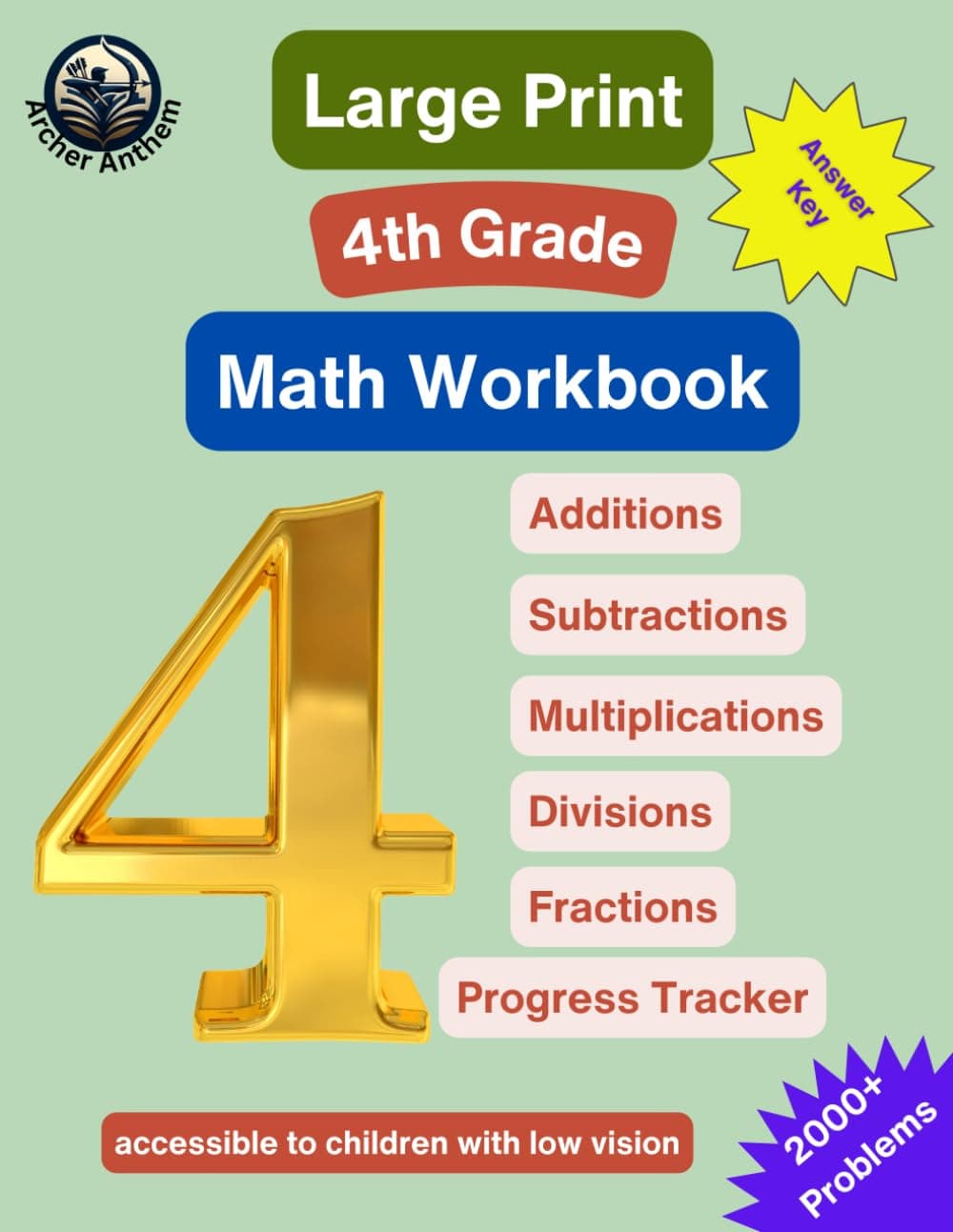Large Print 4th Grade Math Workbook - Addition, Subtraction, Multiplication, Division, and Fractions
