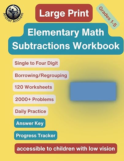 Large Print Elementary Math Subtractions Workbook