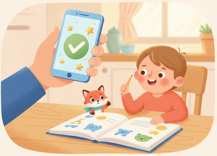 A parent holds a phone showing a green check mark while a child works in a workbook